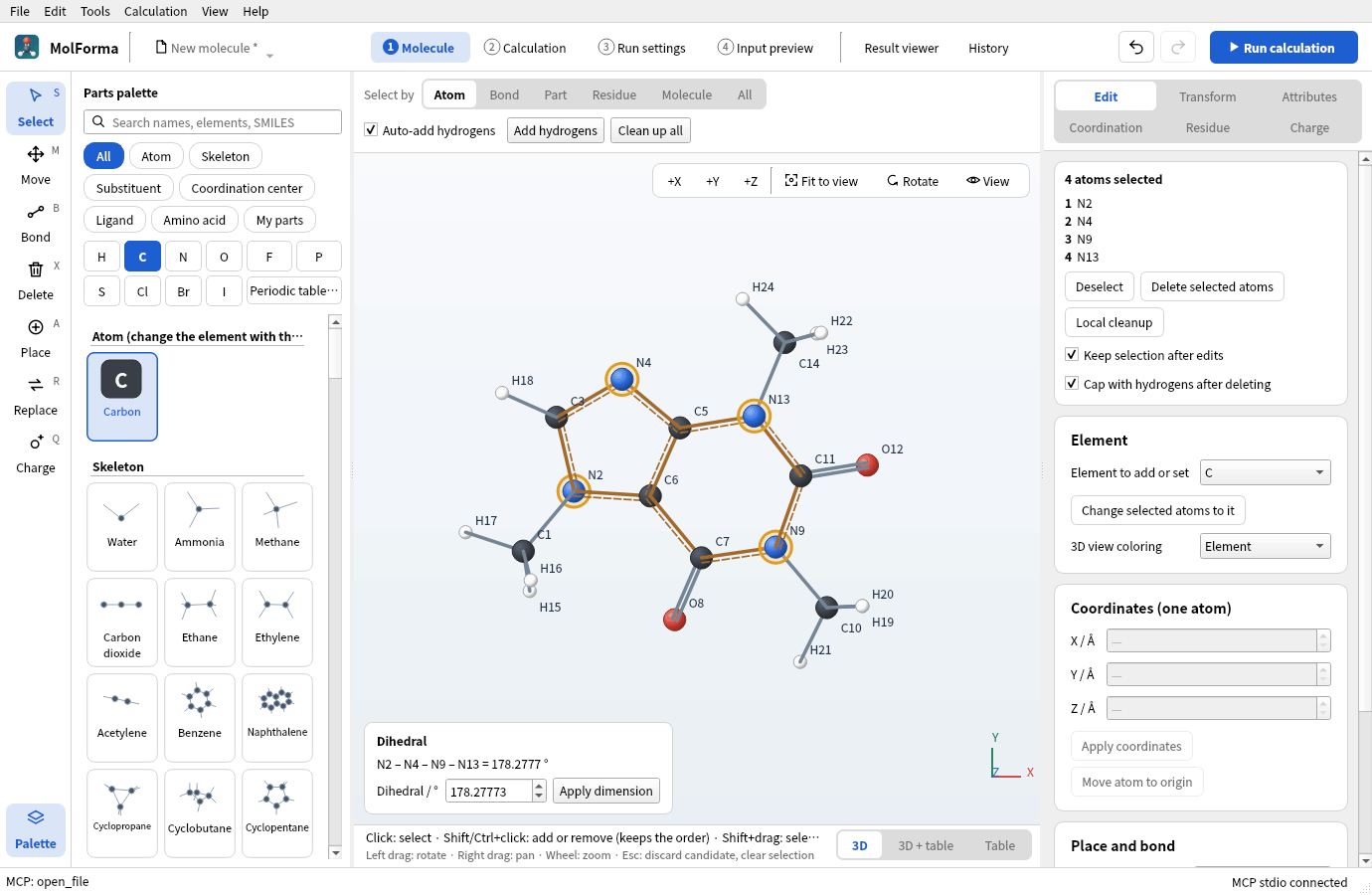 MolForma started with `--mcp-gui`: caffeine opened with the MCP tool open_file and its four nitrogens chosen, with “MCP: open_file” and “MCP stdio connected” in the status bar