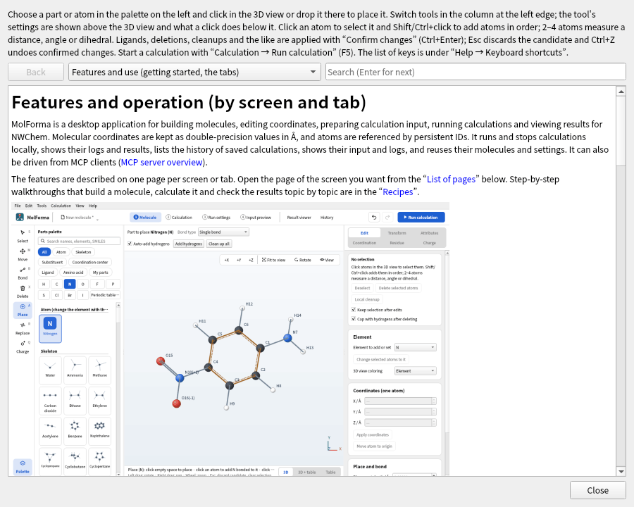 The “Guide and manual” dialog: tips at the top, then the page choice, back button and search field, and the “Features” page in the text