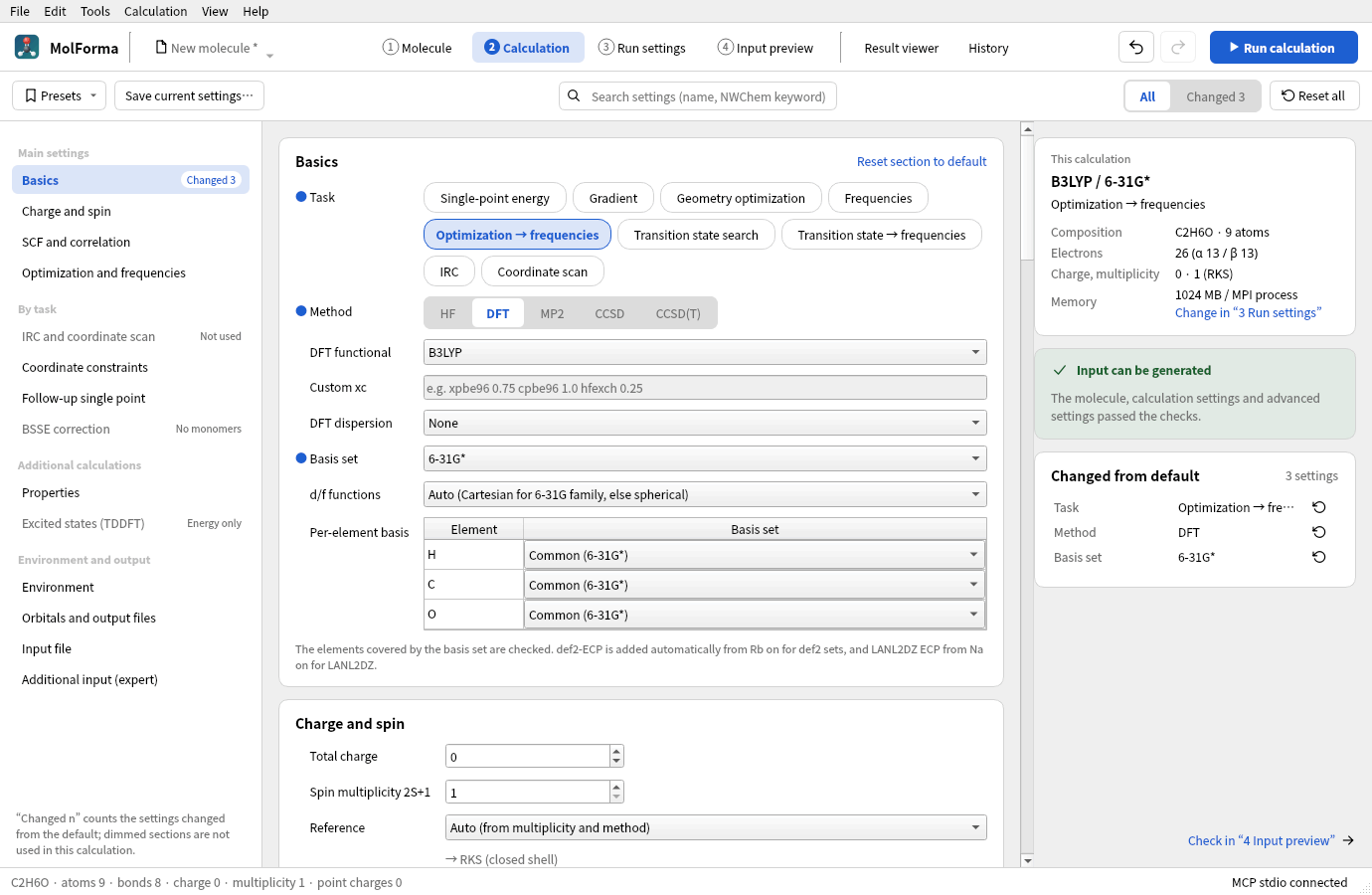 The “2 Calculation” tab: the list of sections on the left, basic settings (optimization → frequencies, DFT, B3LYP, 6-31G*) in the middle, and the summary of this calculation, the check result and the settings changed from default on the right