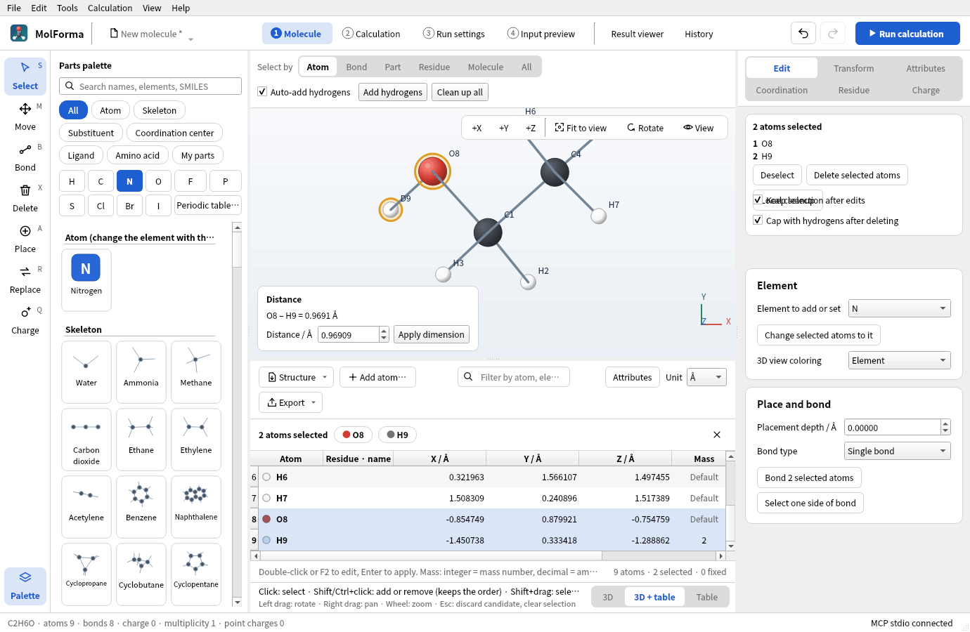 The “3D + table” layout: the 3D view above and the coordinate table below, with O8 and D9 (mass 2) highlighted in both