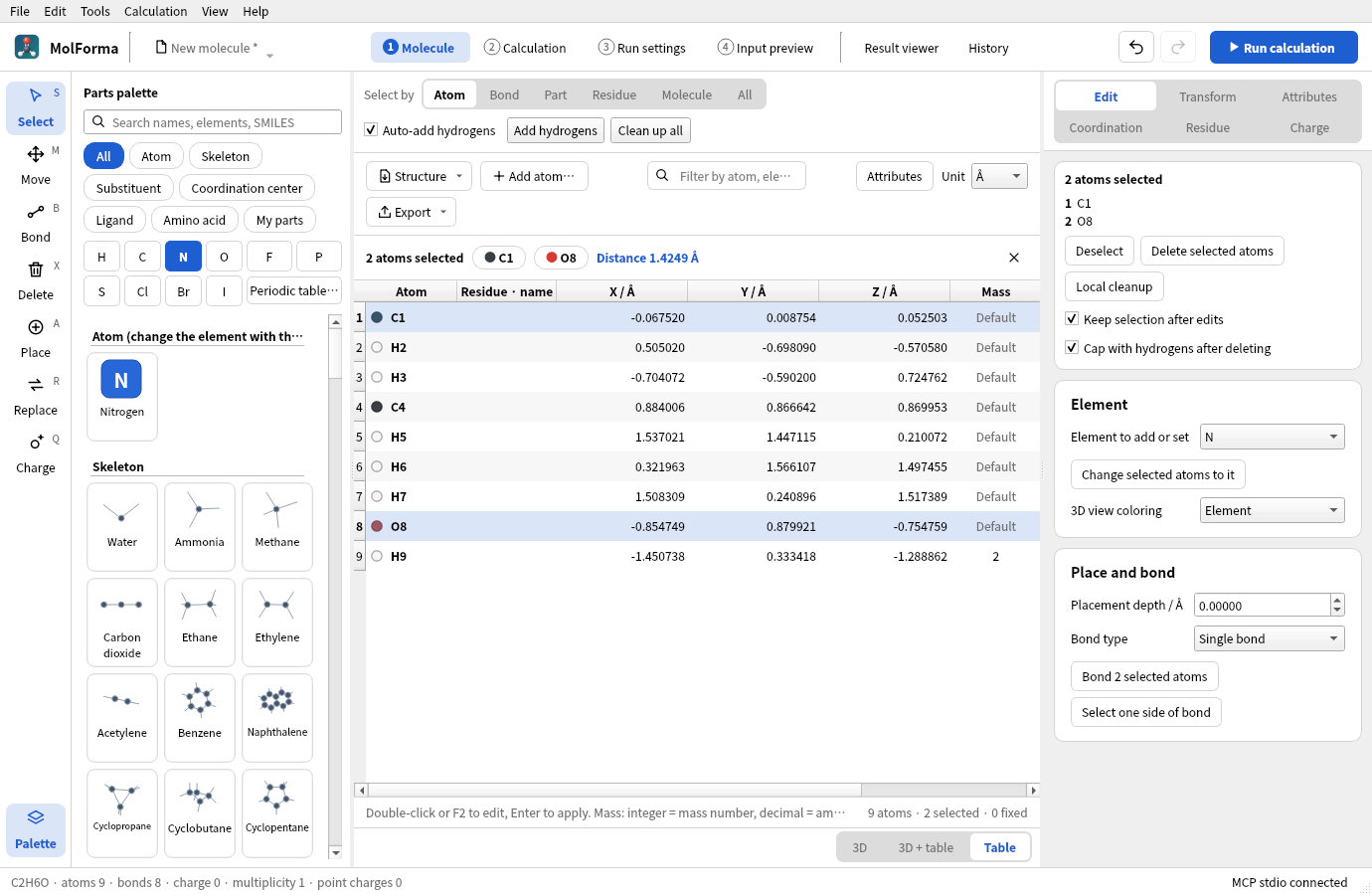 The “Table” layout: only the table is shown, and the selection bar shows C1, O8 and the distance 1.4249 Å