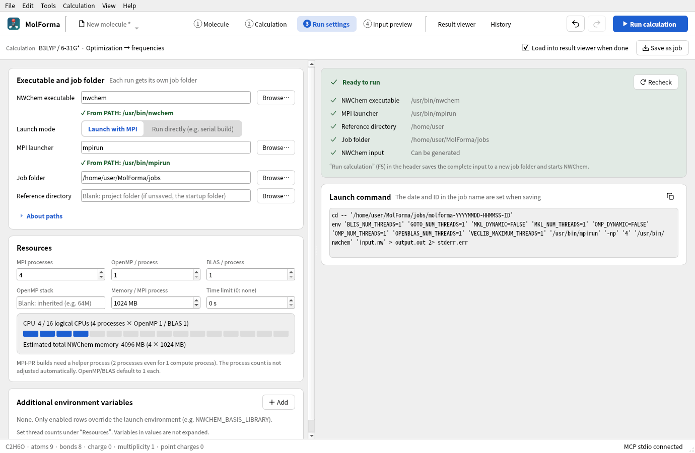 The “3 Run settings” tab: the executable and job folder (nwchem, launch with MPI, mpirun, ~/MolForma/jobs) and resources (4 MPI processes) on the left, and the pre-run checks and launch command on the right