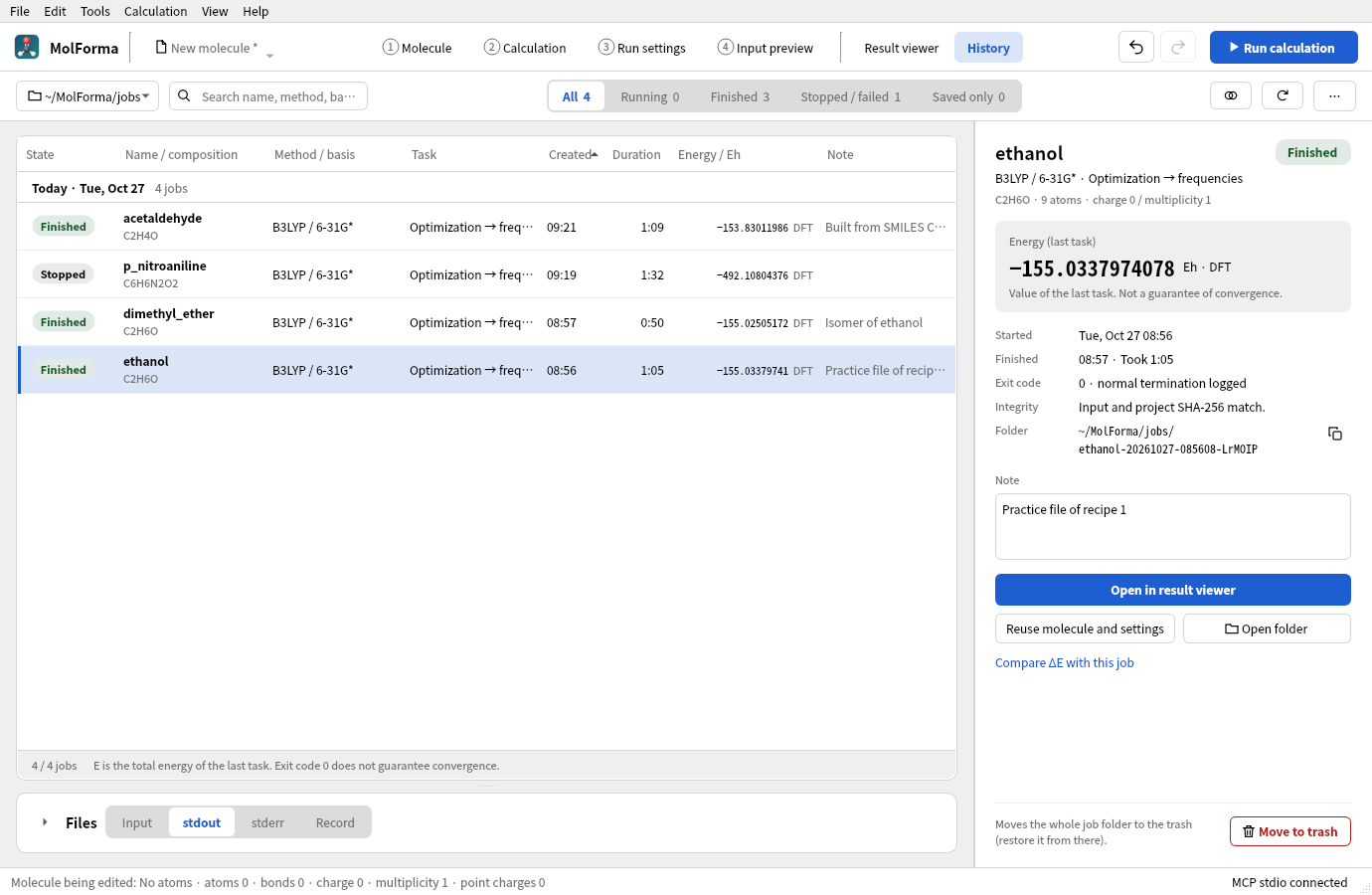The “History” tab: four jobs in ~/MolForma/jobs (three finished, one stopped) listed by day, and the energy, start and end, folder, note and actions of the chosen ethanol job on the right