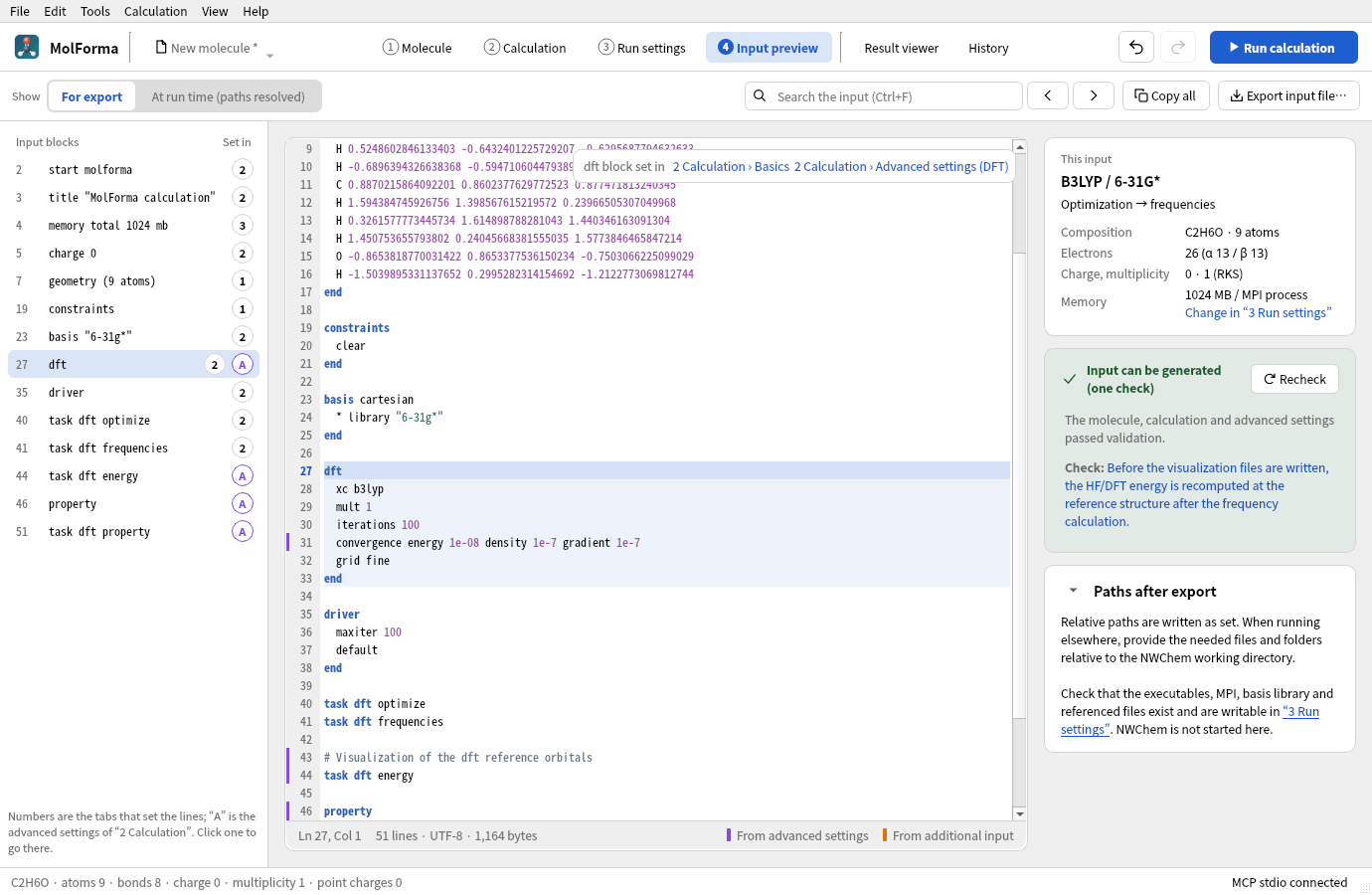 The “4 Input preview” tab: the input blocks on the left (start, geometry, basis, dft …), the NWChem input in the middle, and the summary and check result on the right. The dft block is chosen, and the upper right shows where it is set: “2 Calculation › Basic settings” and “2 Calculation › Advanced settings (DFT)”