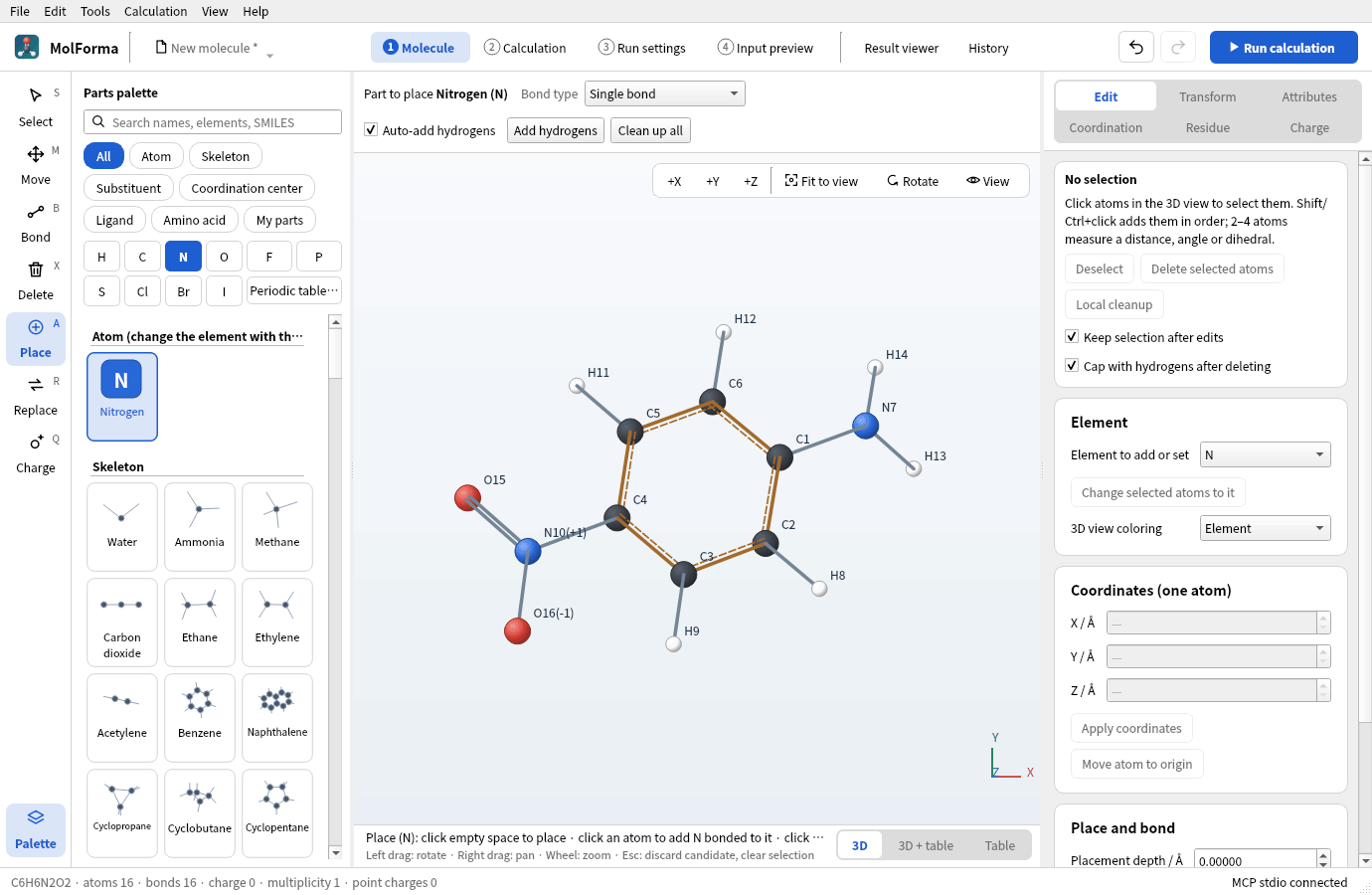 表示言語をEnglishにした「1 Molecule」の画面。メニュー・タブ・パレット・右側のページが英語で表示されている