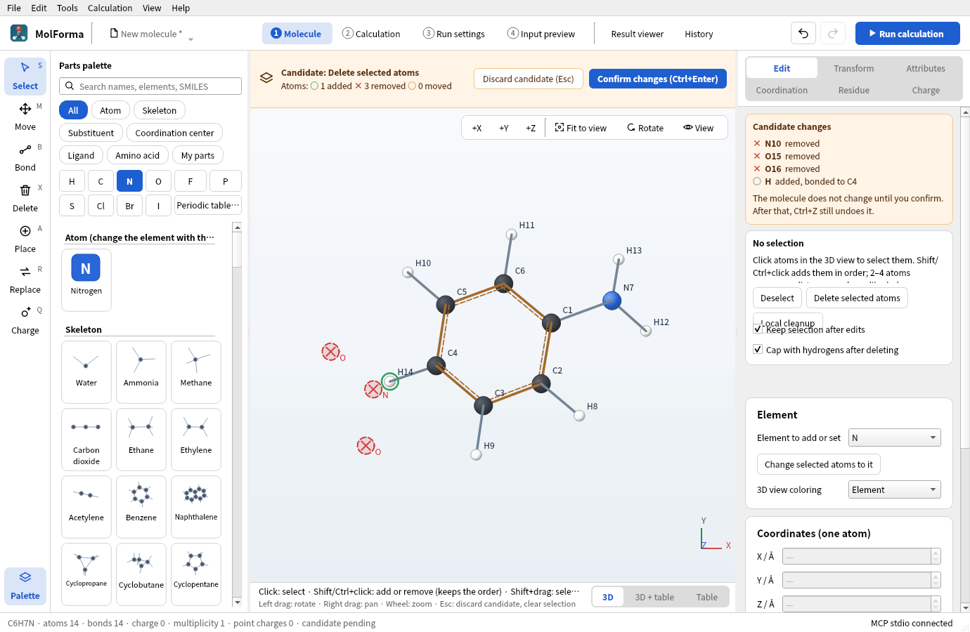 A candidate that deletes the nitro group: the amber candidate bar with “Confirm changes (Ctrl+Enter)” above the 3D view, red crosses on the atoms to delete and a green circle on the hydrogen to add, and the candidate's changes on the “Edit” page
