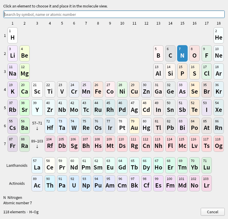 The periodic table dialog: the 118 elements H–Og in 18 groups and 7 periods with rows for the lanthanides and actinides, carbon chosen