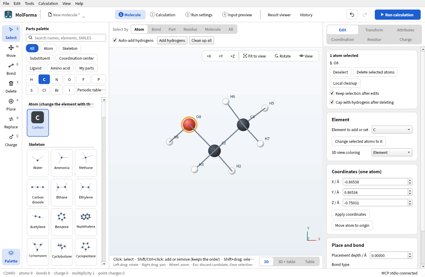 The “Edit” page: the chosen atom (O8) with deselect, delete and local cleanup, and the cards for element, coordinates (one atom) and placement and bonds