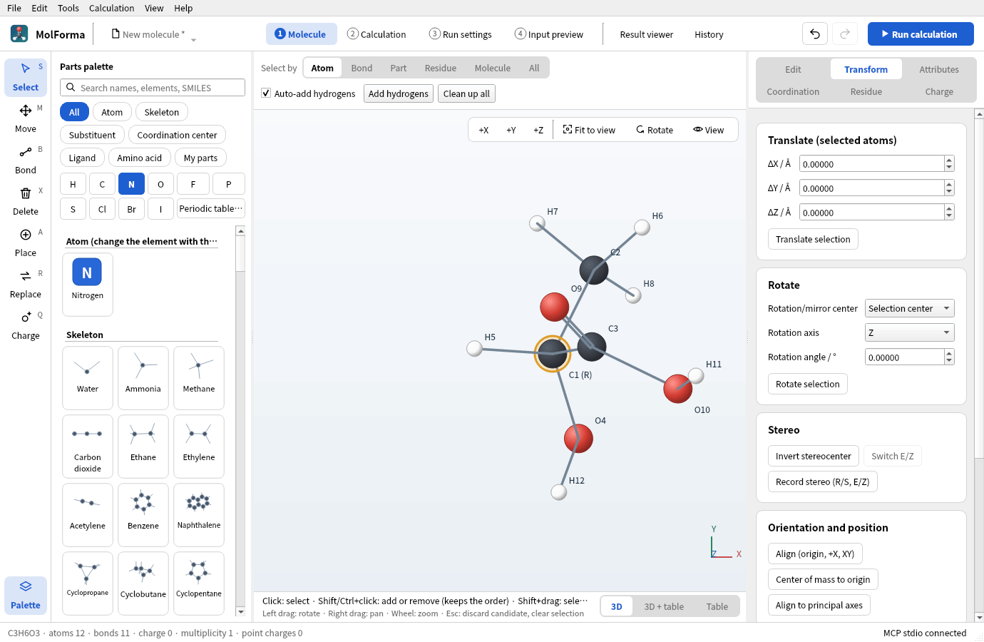 The “Transform” page with the stereocenter C1 of R-lactic acid chosen: the label “(R)” at C1 in the 3D view, and the cards for translation, rotation, stereo and orientation on the right