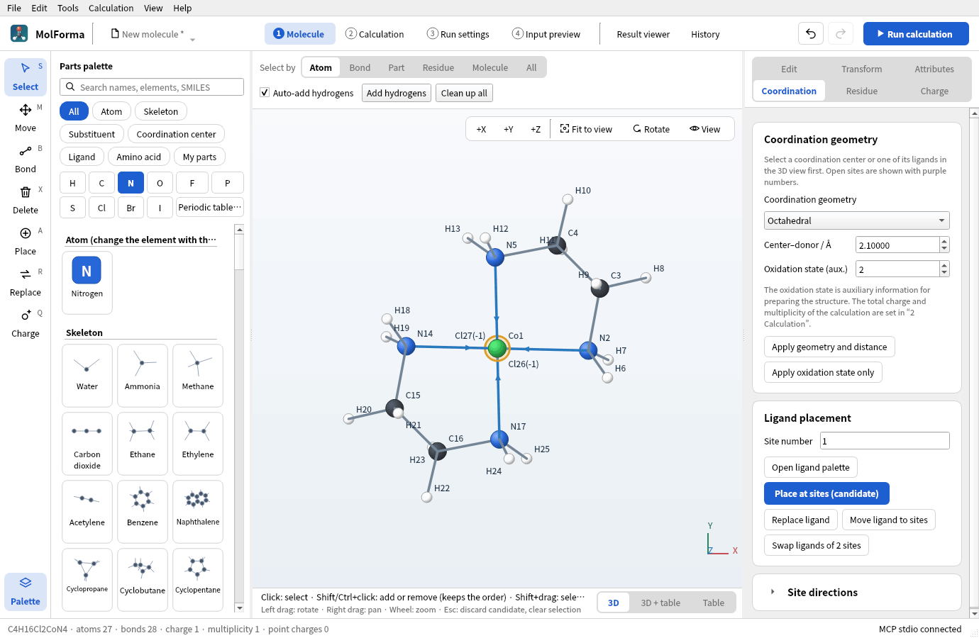 The “Coordination” page with Co of trans-[Co(en)₂Cl₂]⁺ chosen: the cards for geometry, distance and oxidation state and for placing ligands