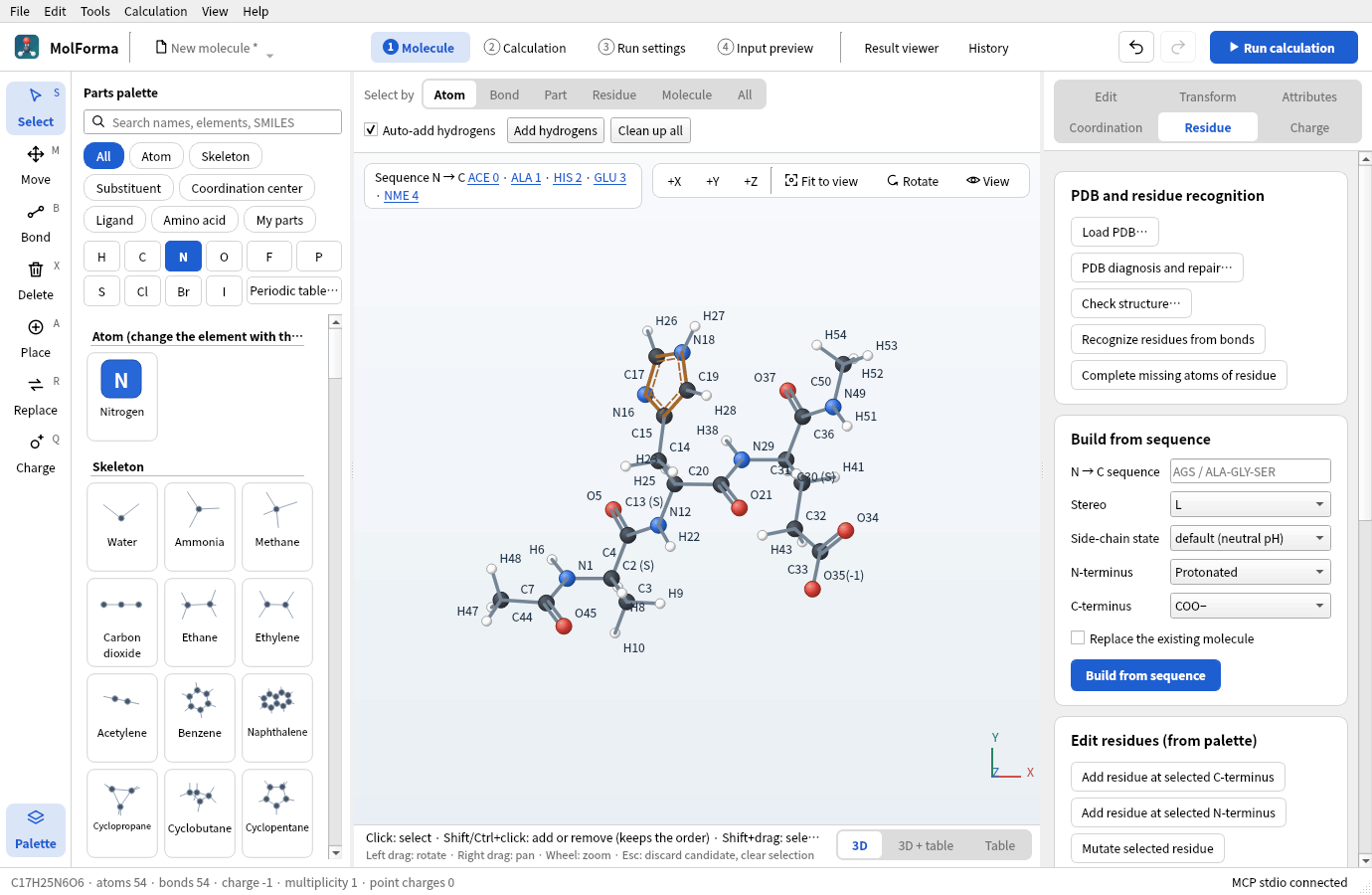 The “Residue” page of ACE–Ala–His–Glu–NME: the sequence at the upper left of the 3D view, and the cards for PDB and residue recognition, building from a sequence and editing residues on the right