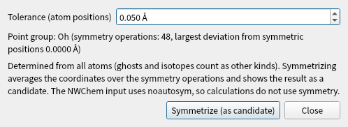 The point group and symmetrize dialog for SF₆: tolerance 0.050 Å, point group Oh (48 operations) and the “Symmetrize (as candidate)” button