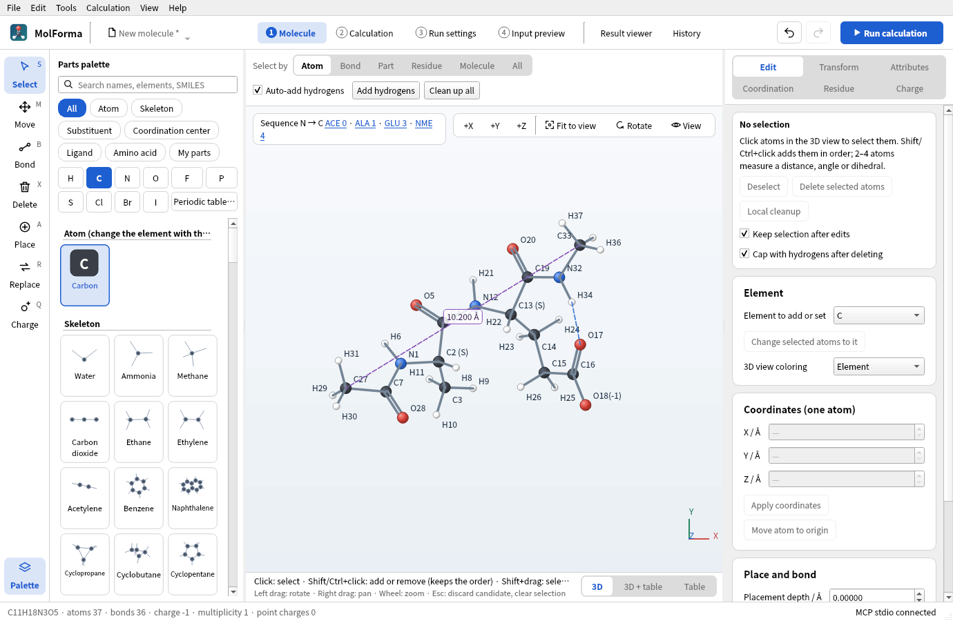 Hydrogen bonds shown for ACE–Ala–Glu–NME, with the distance between the terminal methyl carbons C27 and C33 kept in the view: a blue dashed line between H34 and O17, and a purple dashed line with 10.200 Å between C27 and C33