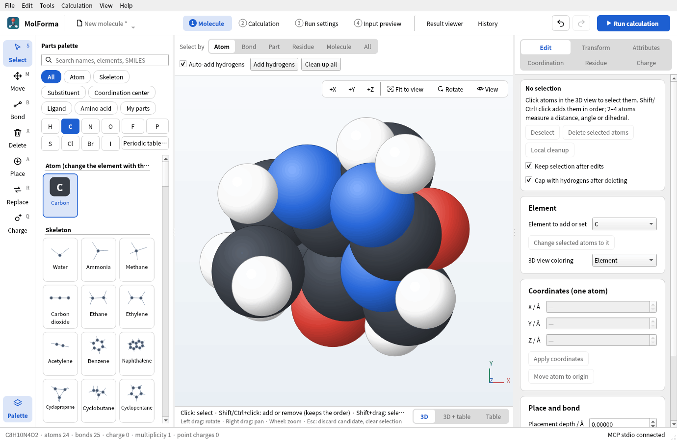 Caffeine shown space-filling (CPK) without labels