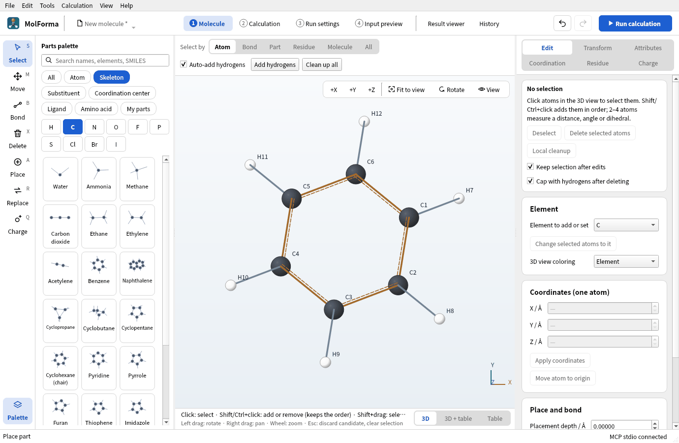 Benzene placed by clicking empty space, with ring carbons C1 to C6 and hydrogens H7 to H12 numbered