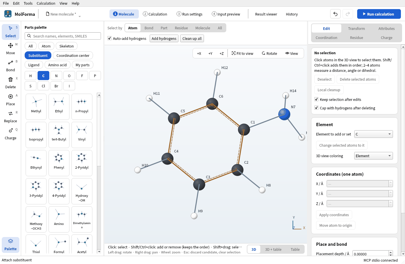Aniline made by clicking H7 with “Amino”: NH2 on C1