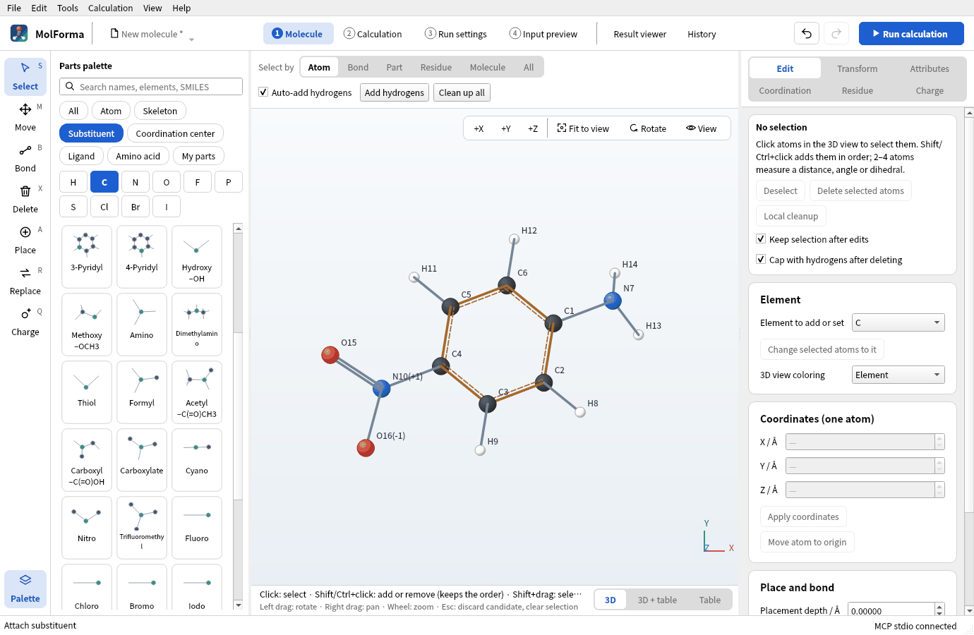 p-Nitroaniline made by clicking H10 with “Nitro”: the nitro N shows the formal charge (+1) and one O (−1)