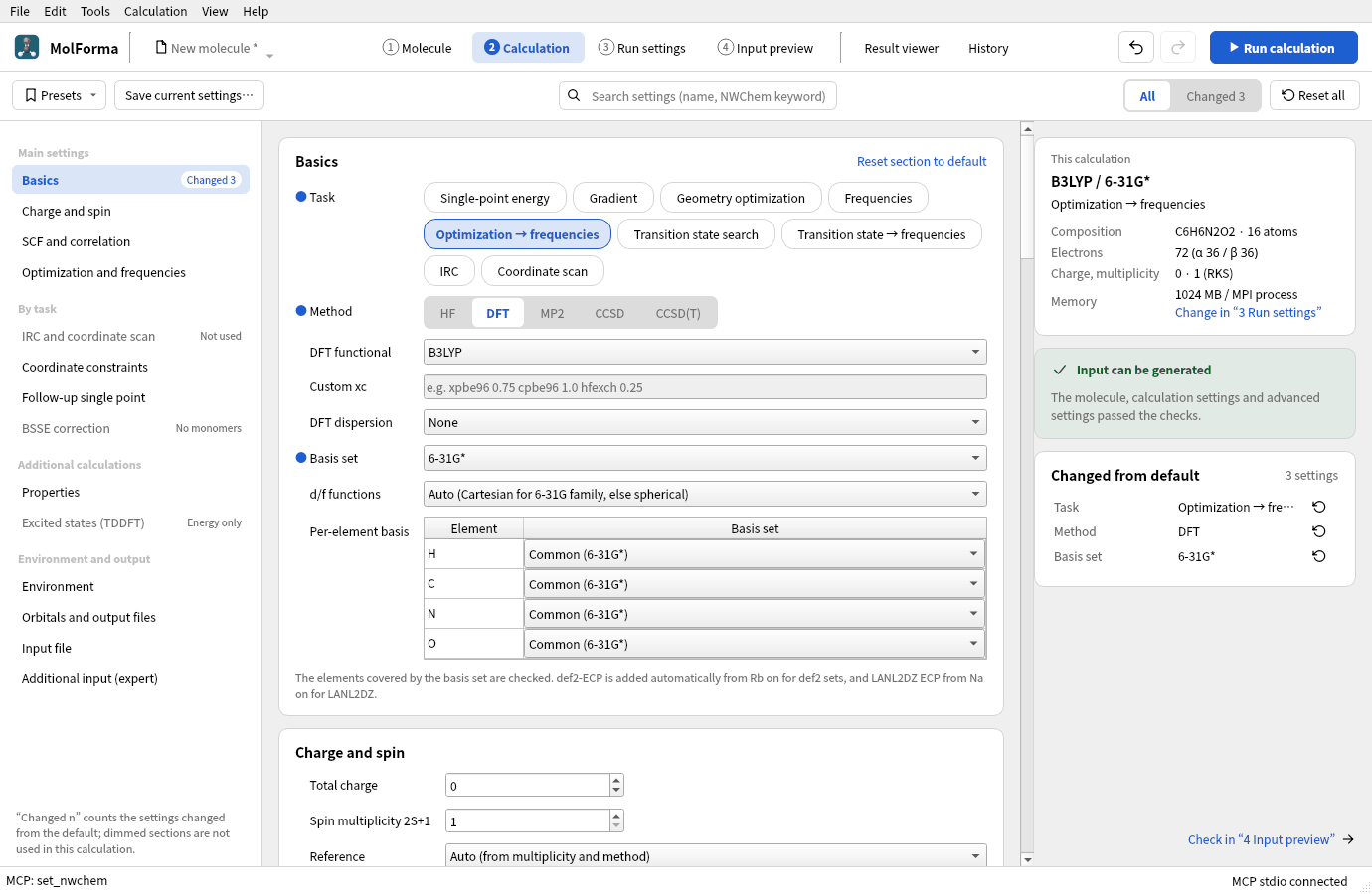 “Basics” of “2 Calculation” with task “Optimization → frequencies”, method “DFT” (B3LYP) and basis set “6-31G*”