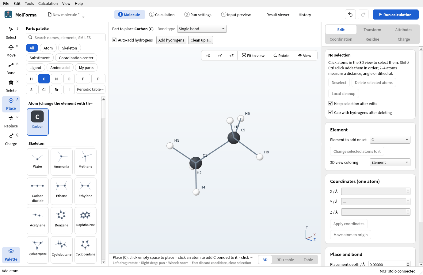Ethane made by clicking H2: C1 and C5 with three hydrogens each