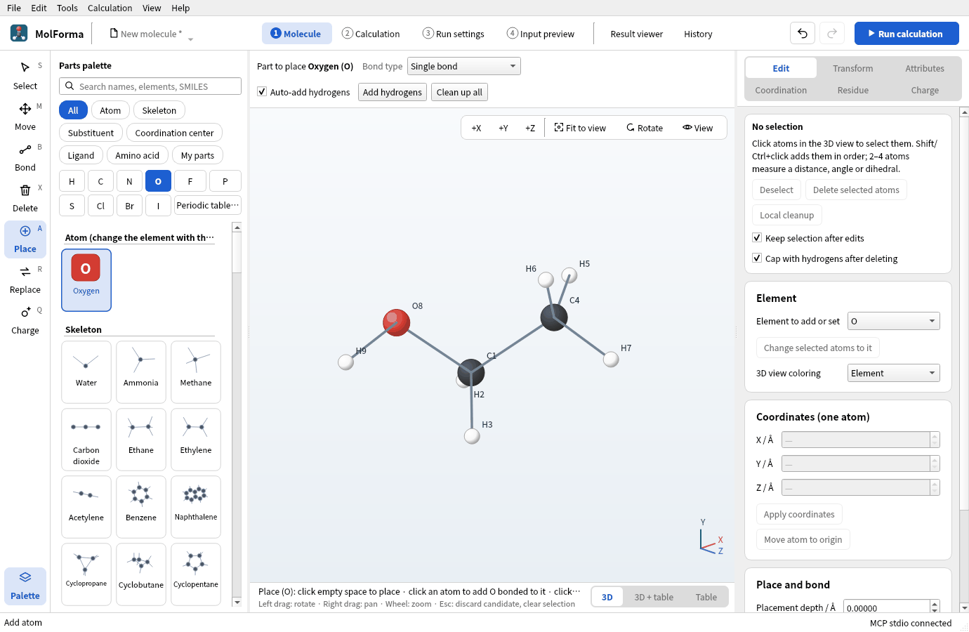 Ethanol made by clicking a hydrogen of C1 with “O”: oxygen O8 on C1, with hydrogen H9 added to O8