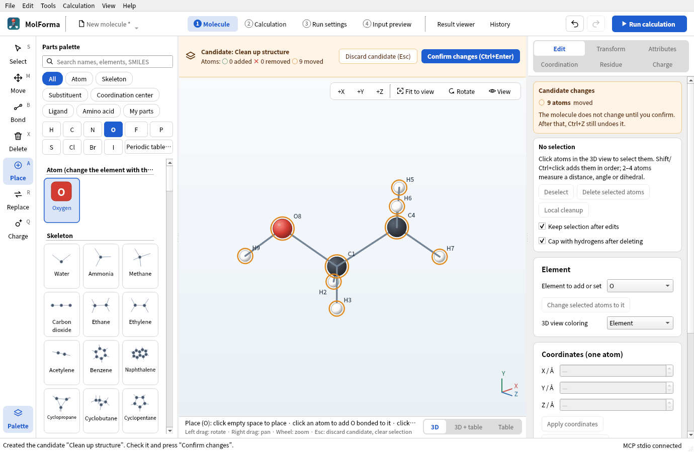 The candidate of “Clean up all”: the amber bar above the 3D view shows “Candidate: Clean up structure” with “Discard candidate (Esc)” and “Confirm changes (Ctrl+Enter)”, and orange rings mark the moving atoms