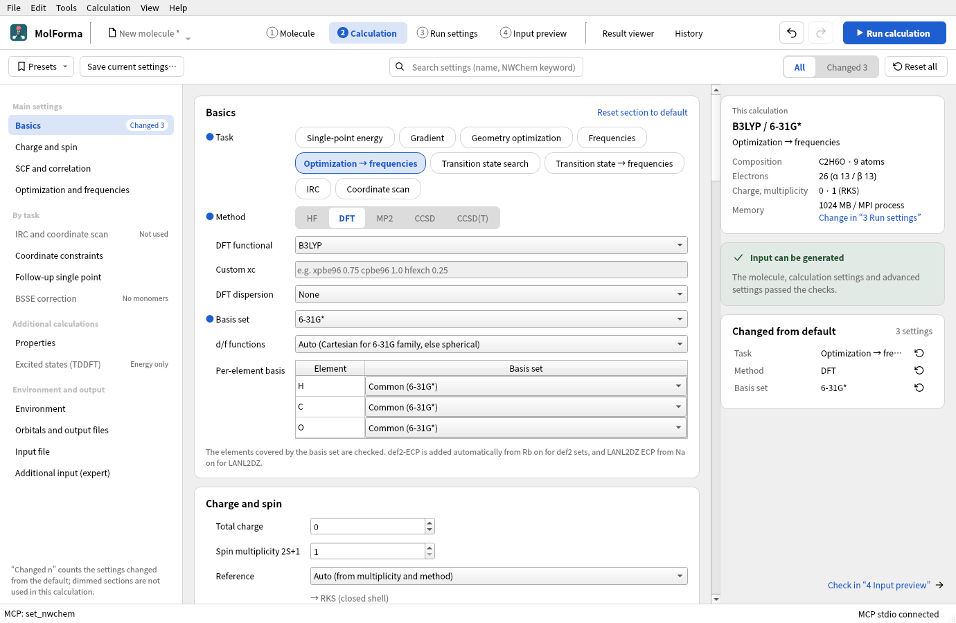 “Basics” of “2 Calculation”: task “Optimization → frequencies”, method “DFT”, functional “B3LYP” and basis set “6-31G*” chosen; the right side shows “Input can be generated” and three settings changed from the default
