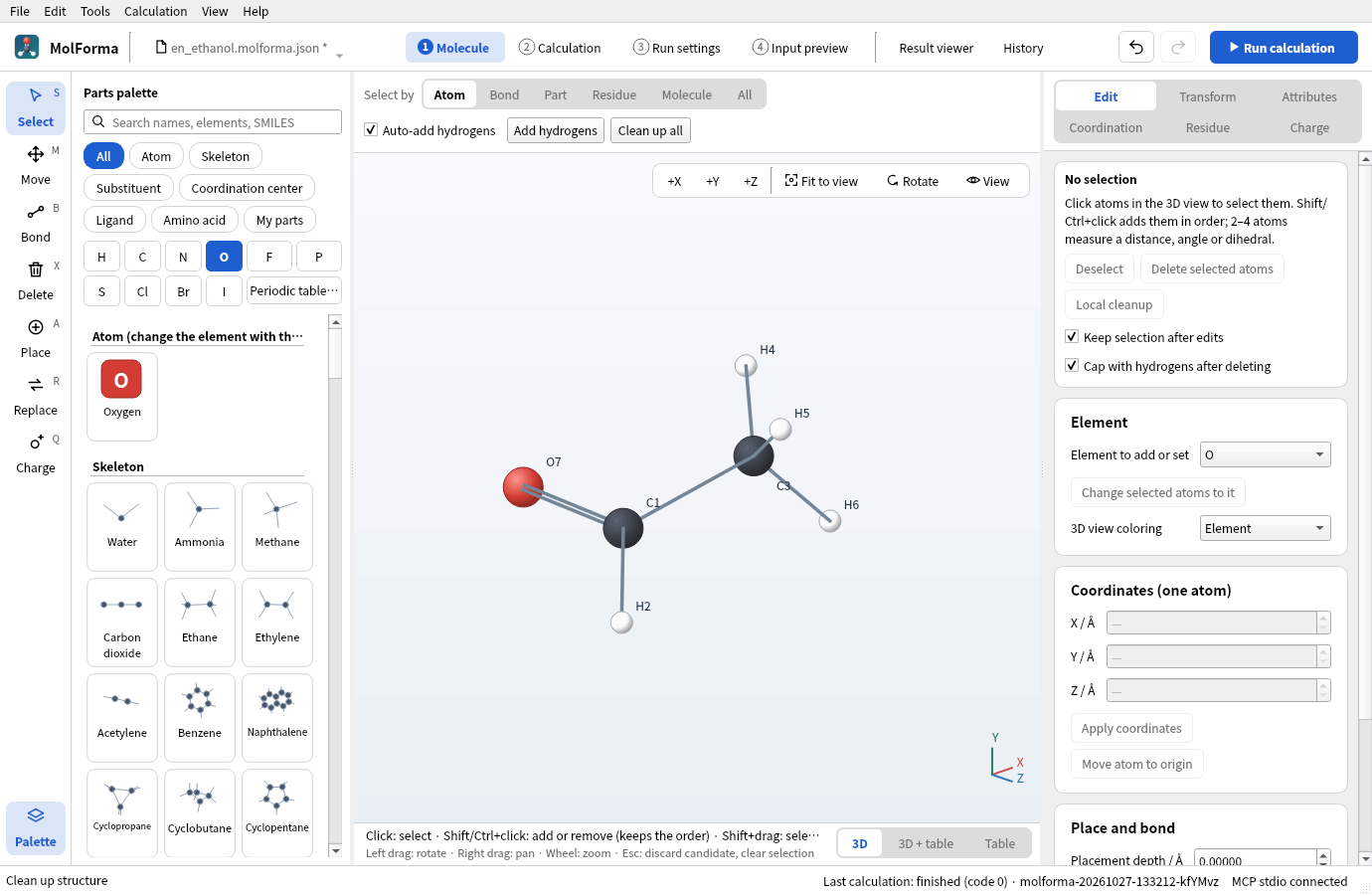 Acetaldehyde after making C1–O7 a double bond and cleaning up; C1=O7 is drawn as a double line