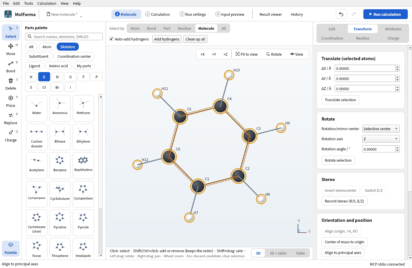 The whole benzene selected with “Select by” “Molecule” after “Align to principal axes”: the ring lies parallel to the screen, and its 12 atoms are ringed in orange