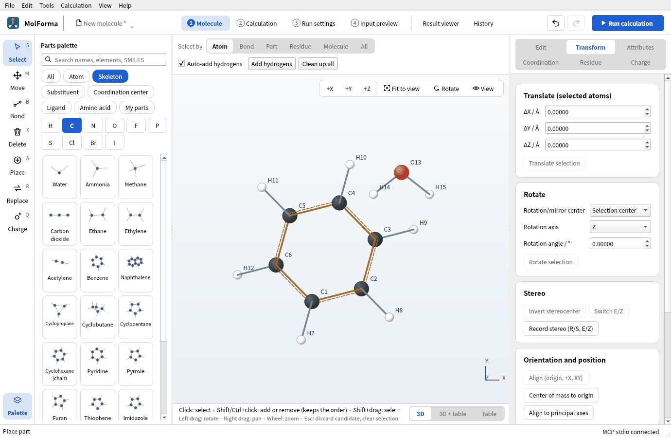 Water (O13, H14, H15) placed in empty space away from benzene, not bonded to it
