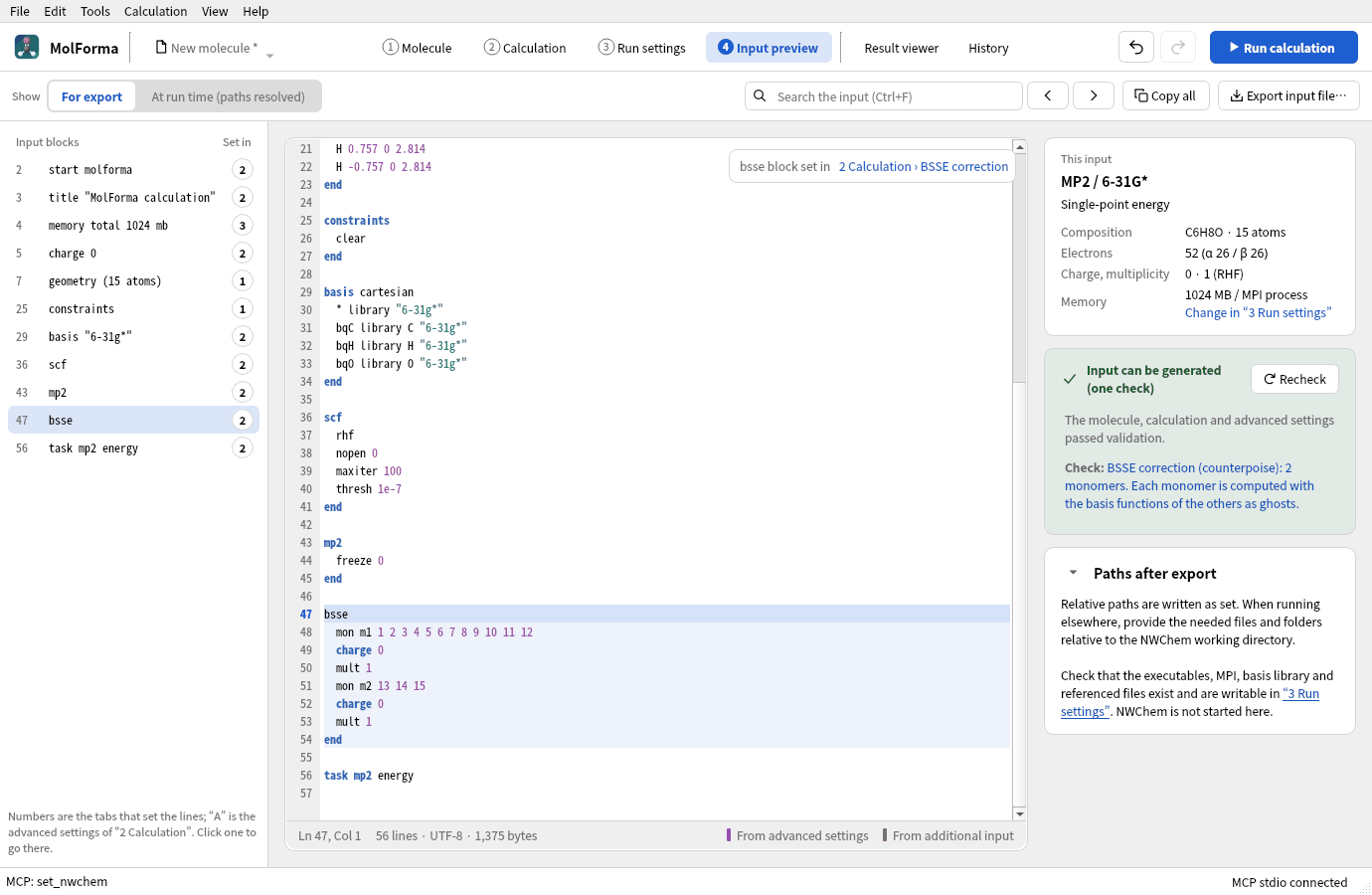 The bsse block chosen in “4 Input preview”: mon m1 1 2 3 4 5 6 7 8 9 10 11 12 and mon m2 13 14 15, with lines such as bqC library C "6-31g*" in the basis above