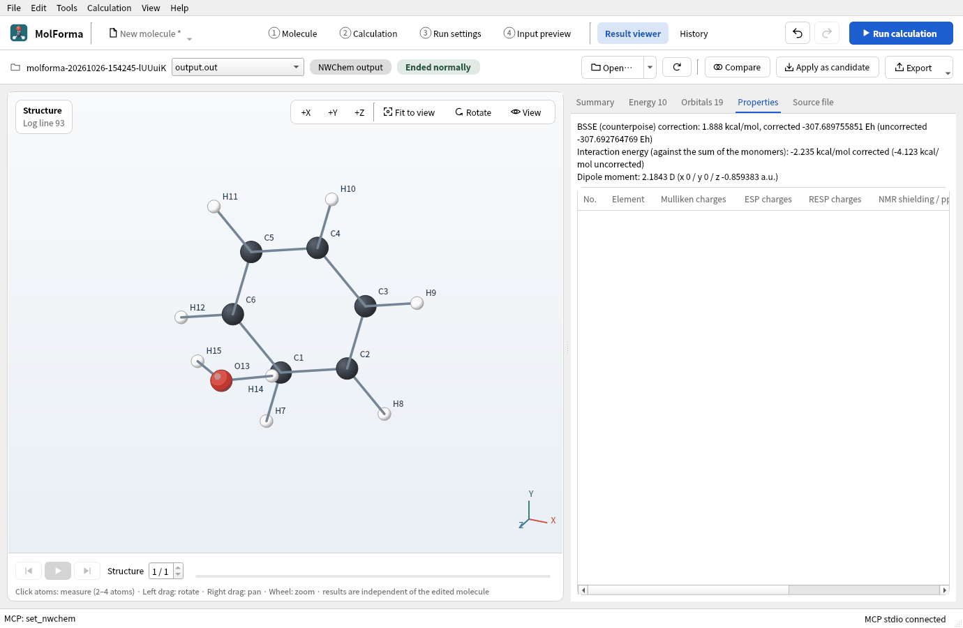 The “Properties” tab of the result viewer: the BSSE (counterpoise) correction of 1.888 kcal/mol with the corrected and uncorrected energies, and the interaction energy against the sum of the monomers