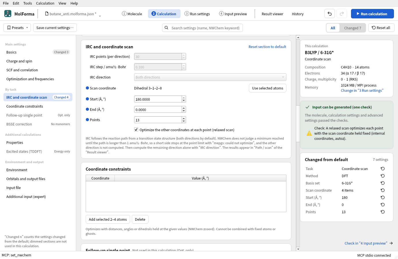 “IRC and coordinate scan” in “2 Calculation”: scan coordinate dihedral 3-1-2-8, start 180, end 0, 13 points, relaxed scan on, and seven changed settings listed on the right