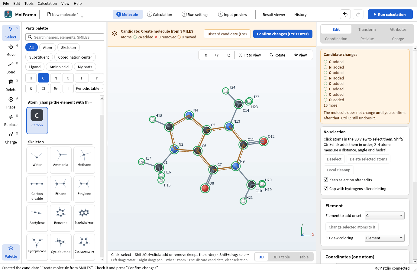 The candidate of caffeine from SMILES: the amber bar shows “Candidate: Create molecule from SMILES” with 24 atoms added