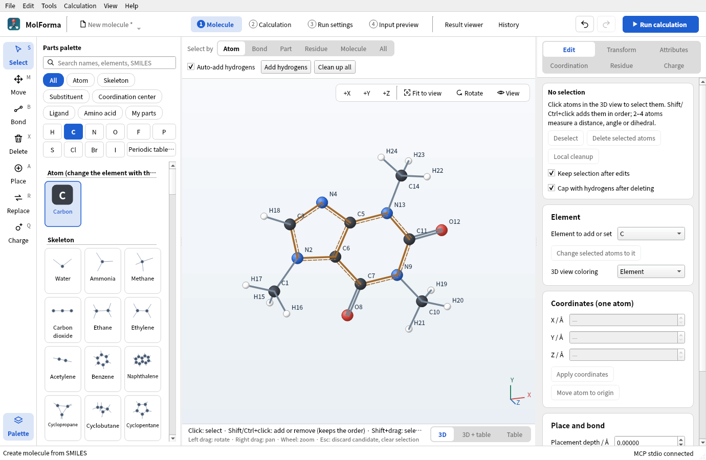Confirmed caffeine (C8H10N4O2 · 24 atoms); aromatic bonds are drawn as double lines with a dashed one