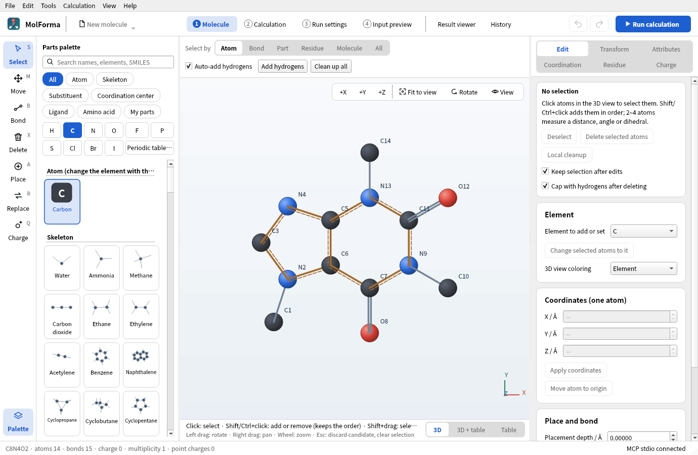 caffeine_2d.sdf opened: 14 atoms without hydrogens in a plane