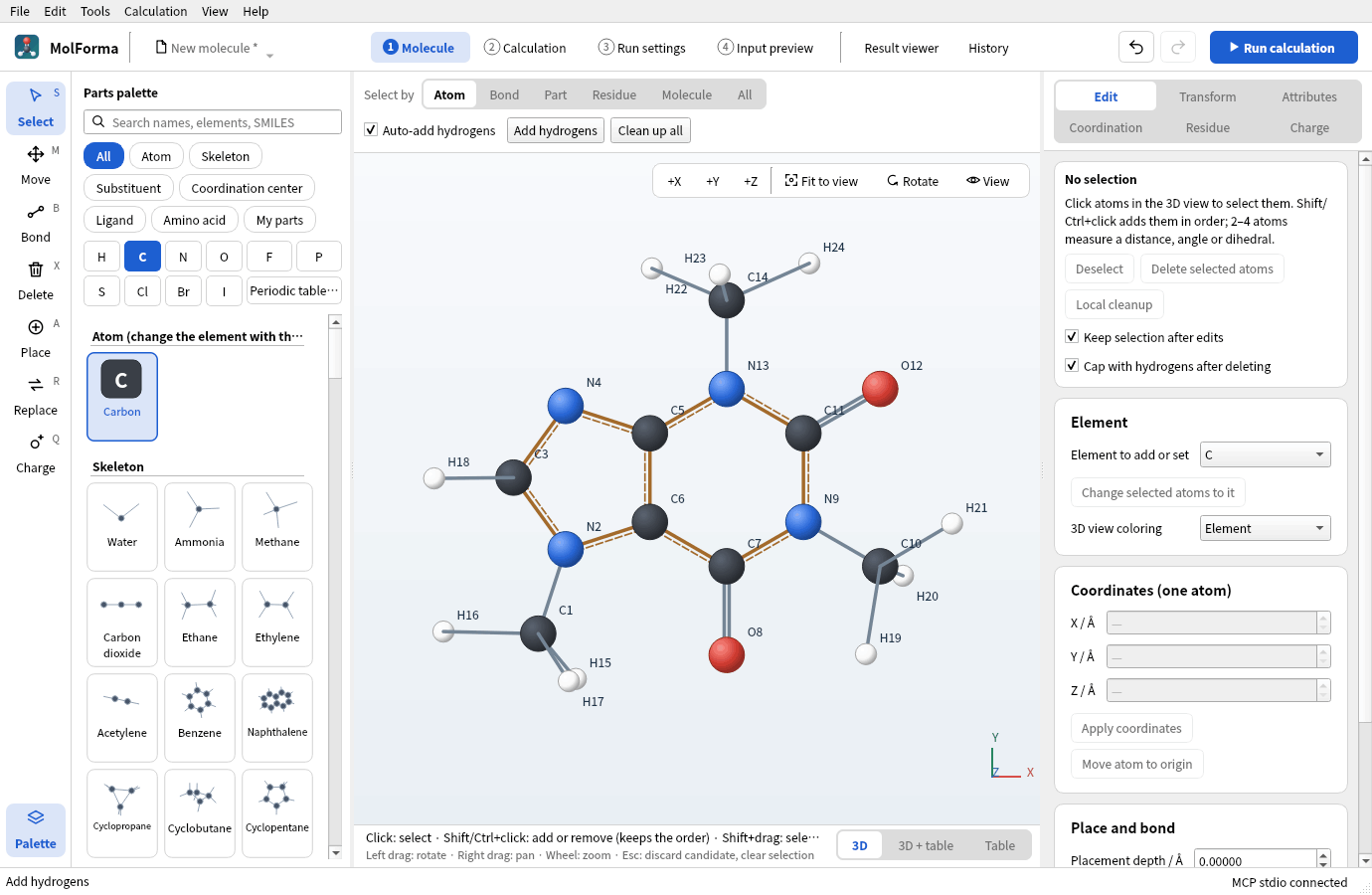 After “Add hydrogens”: the methyl groups and others have hydrogens, 24 atoms, but the shape is still nearly flat