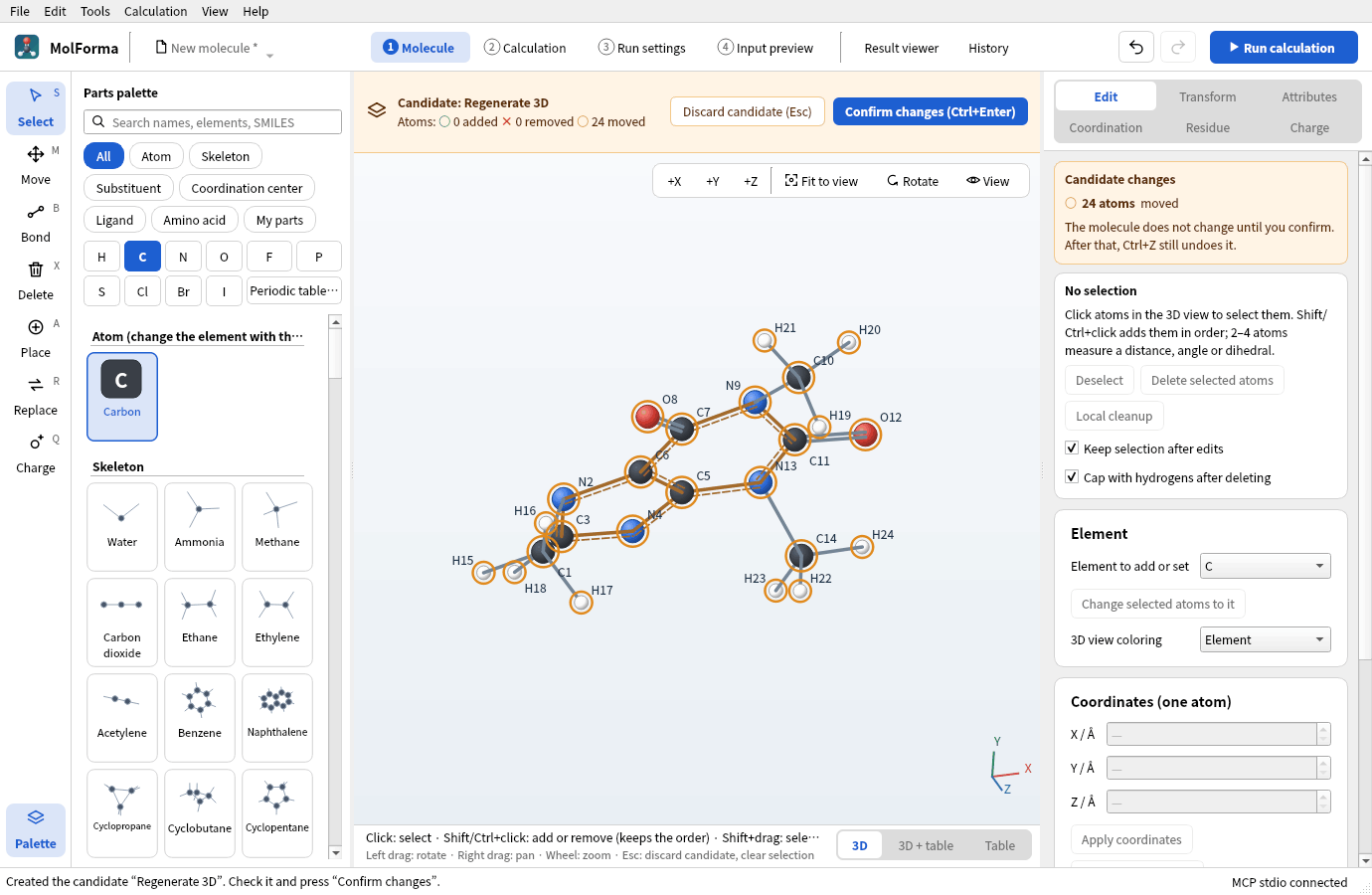 The candidate of “Regenerate 3D”: the amber bar shows “Candidate: Regenerate 3D” with 24 atoms moved, and the methyl hydrogens stand out in 3D
