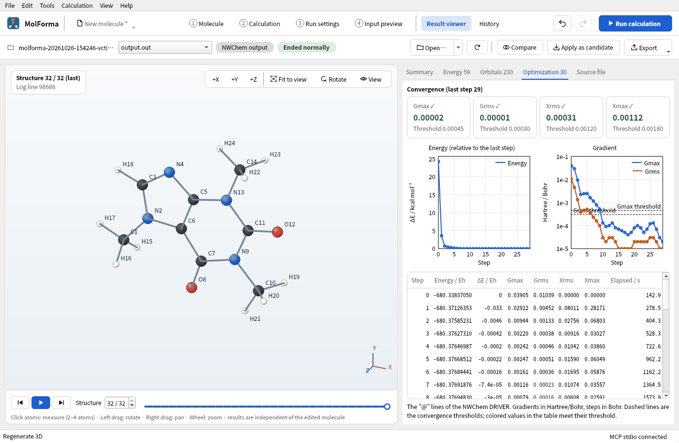 The “Optimization” tab: energy and gradient charts over 29 steps and the table of steps