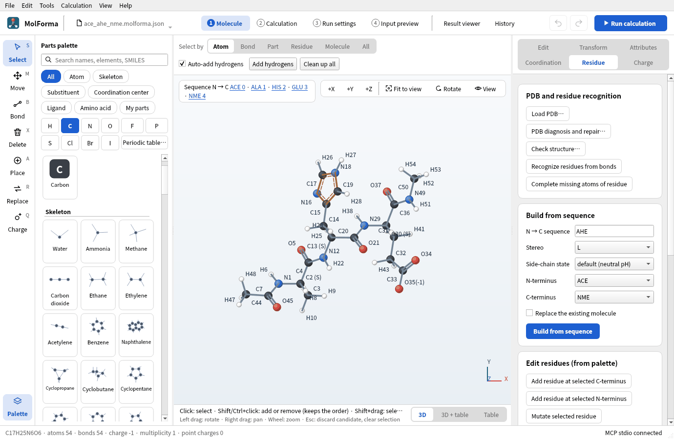 The “1 Molecule” tab with a capped peptide built from the sequence AHE, and the Residue page on the right