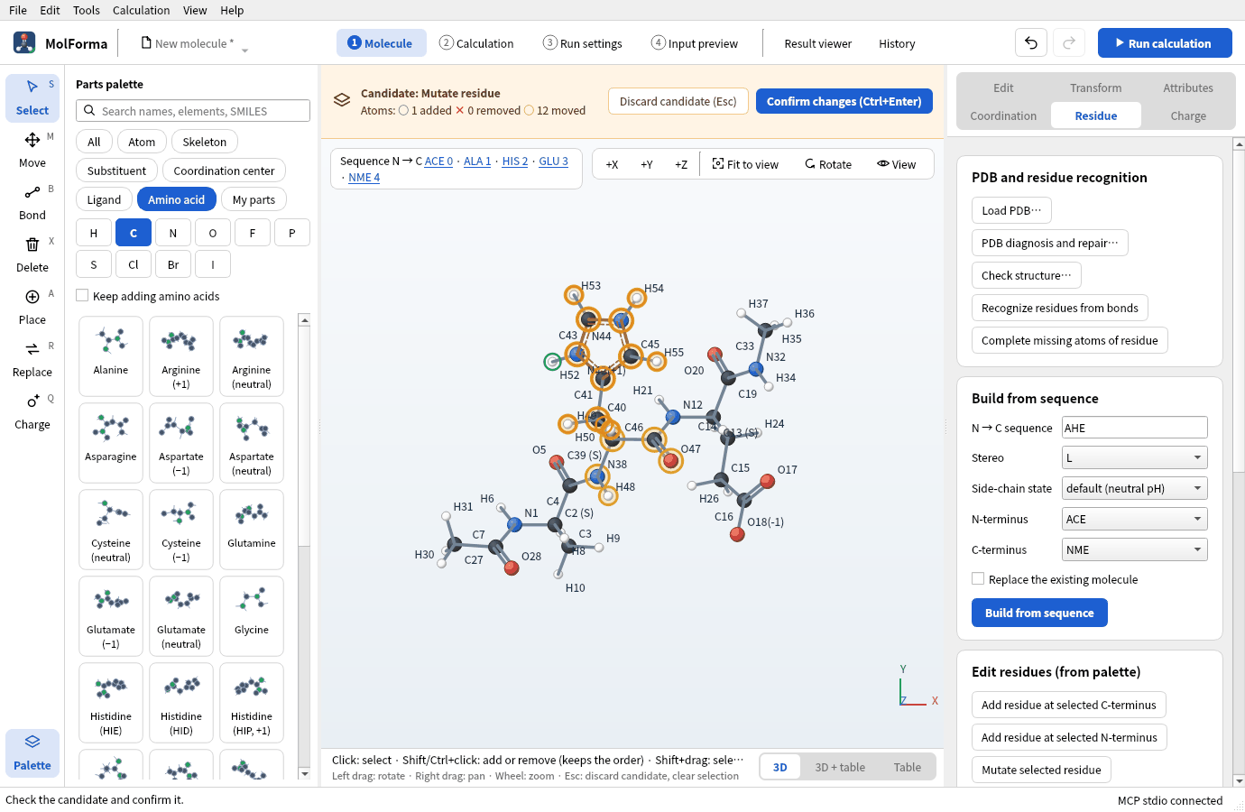 The candidate of “Mutate selected residue” with “Histidine (HIP, +1)”: the amber bar shows the candidate, and the charge in the status bar is 0