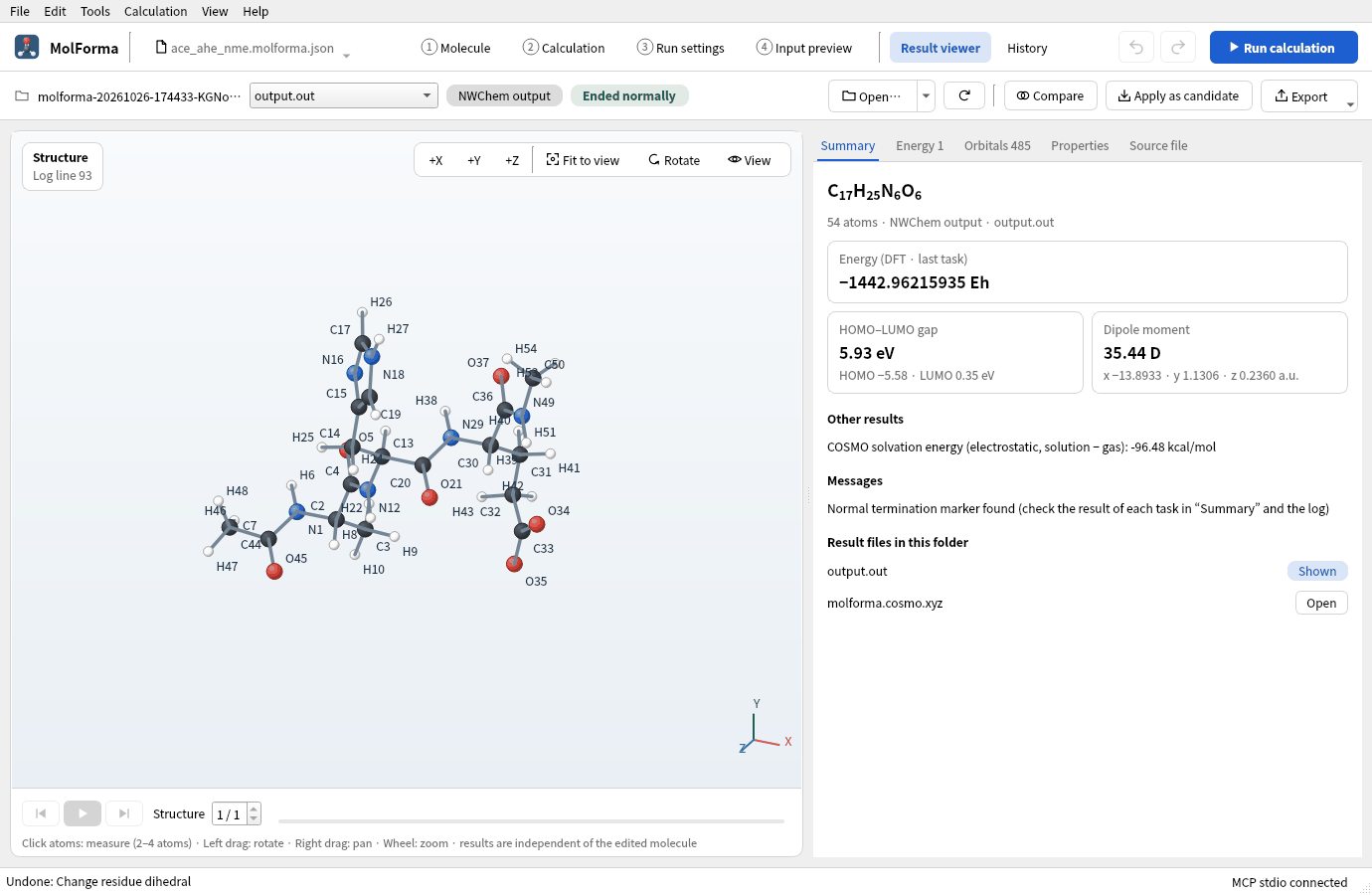 “Summary” of the result viewer: energy −1442.96215935 Eh, the HOMO–LUMO gap, and among the other results the COSMO solvation energy (electrostatic) −96.48 kcal/mol
