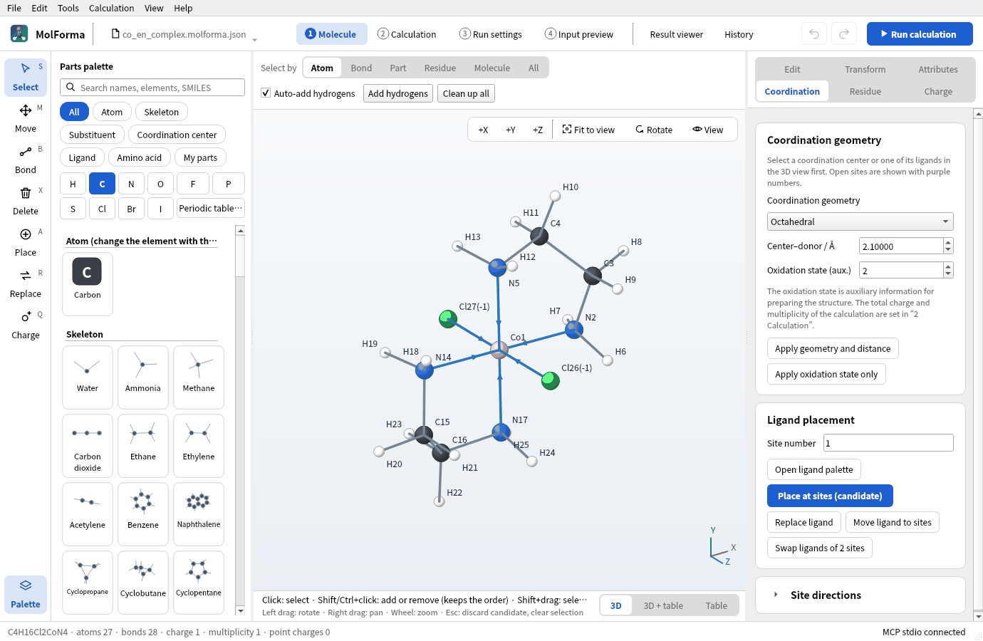 The “1 Molecule” tab of MolForma with a cobalt complex built from a coordination center and ligands