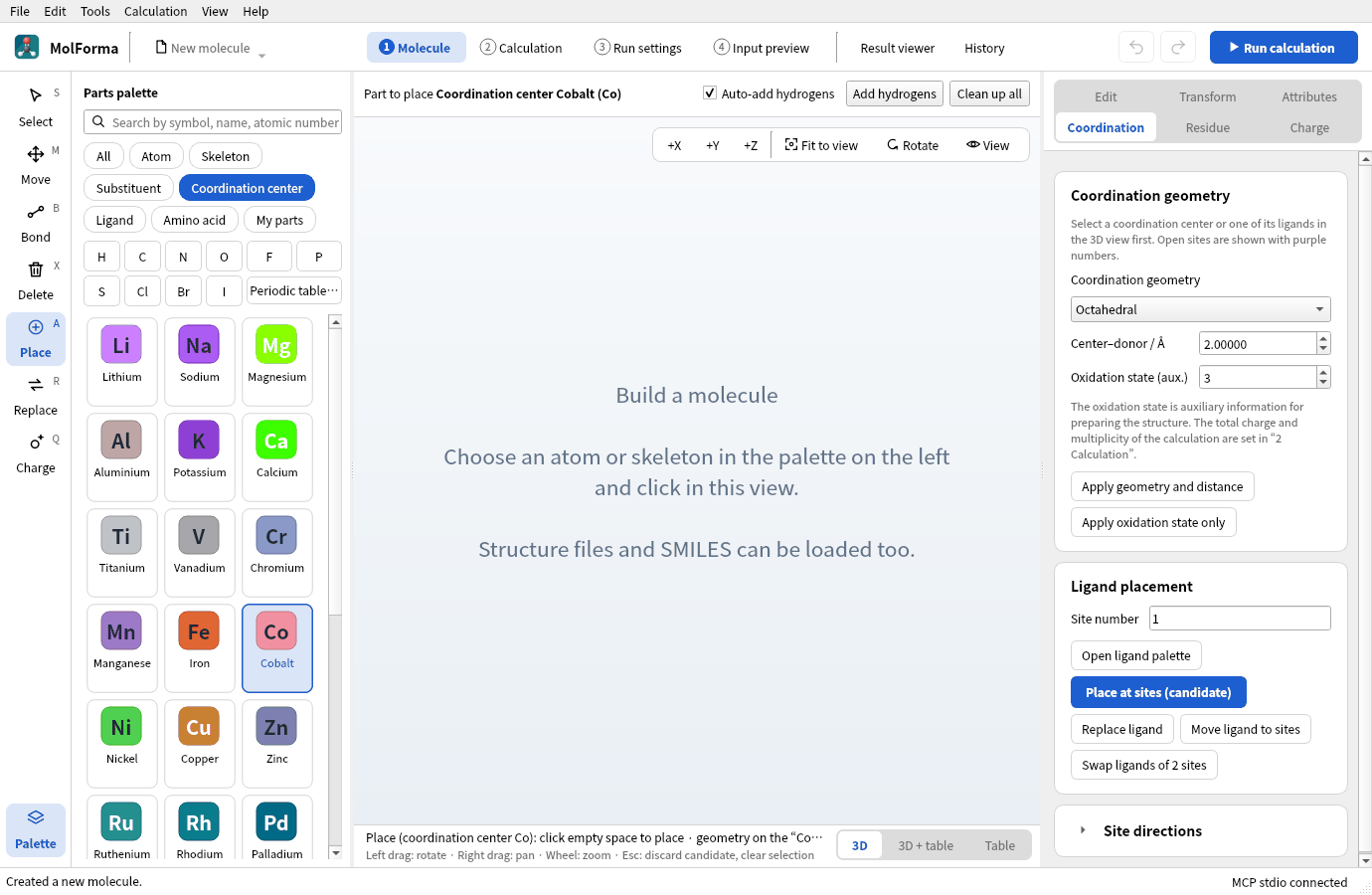 “Cobalt” chosen in the category “Coordination center”: the “Coordination” page on the right shows geometry “Octahedral”, center–donor 2.0 Å and oxidation state 3