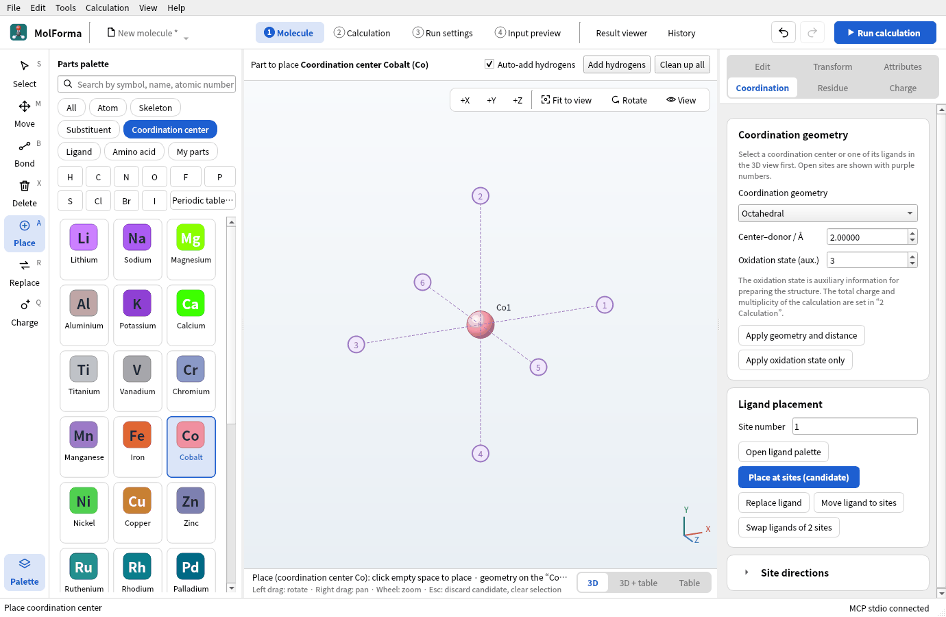 Co placed by clicking empty space: purple circles mark coordination sites 1 to 6, and the charge in the status bar is 3