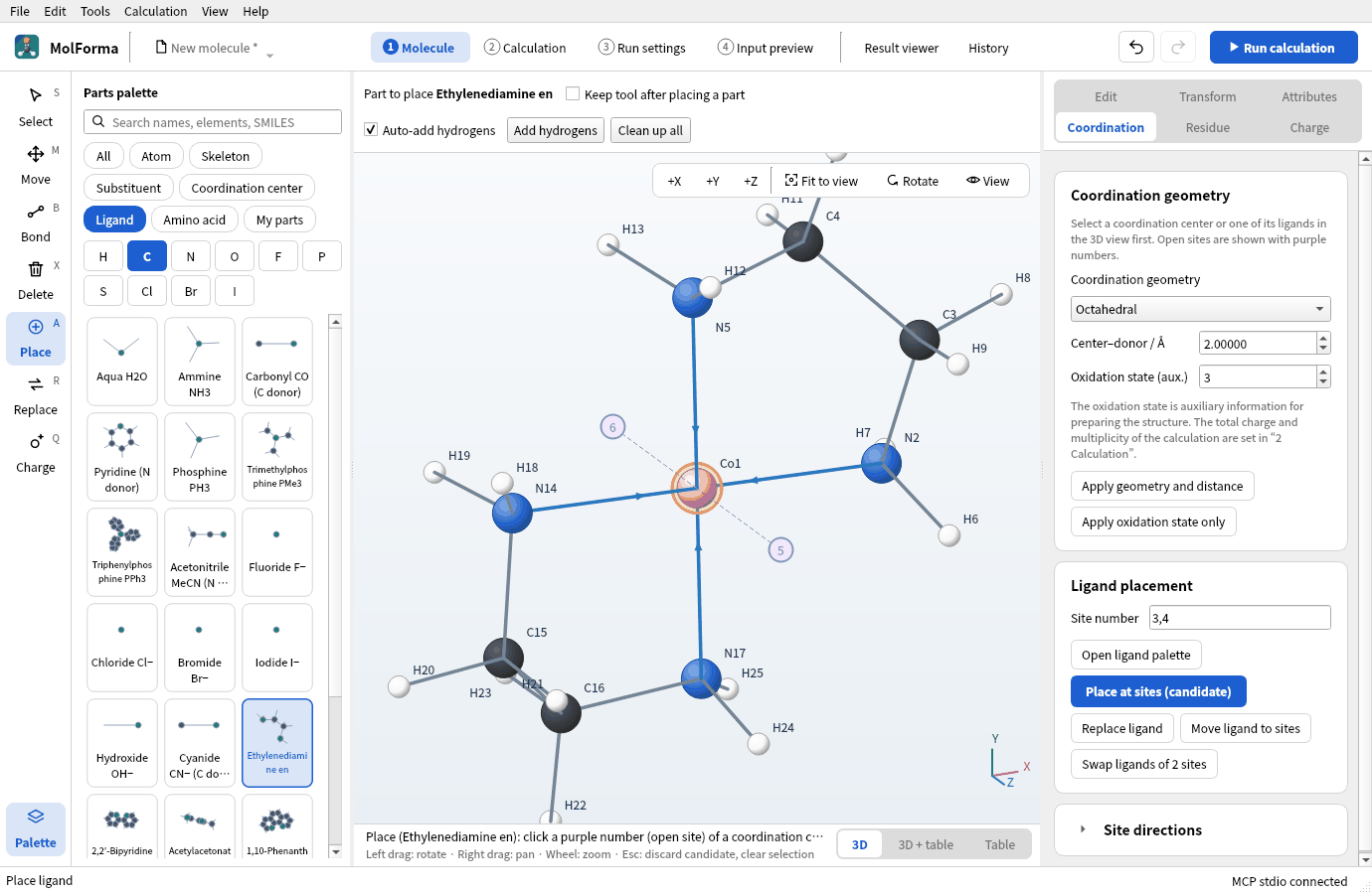 Two en confirmed: C4H16CoN4 · 25 atoms, with sites 5 and 6 left