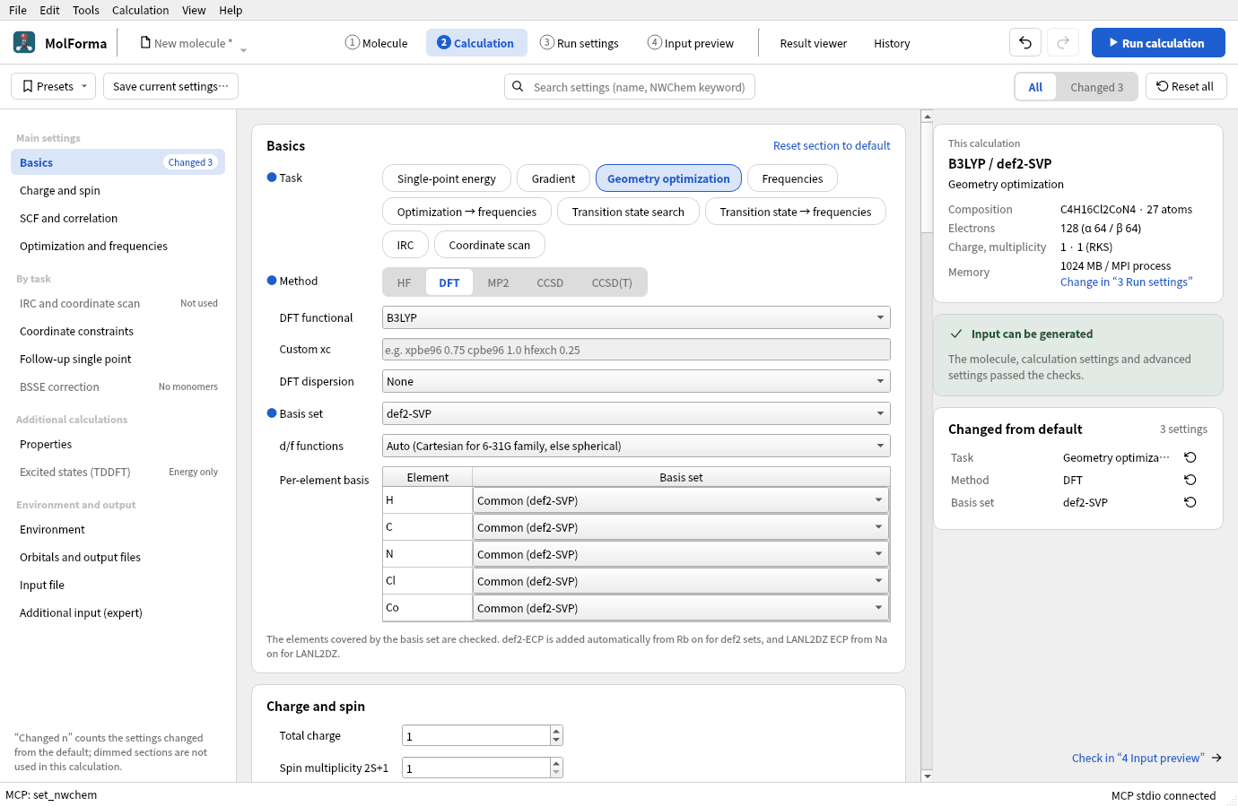“2 Calculation” with task “Geometry optimization”, method “DFT” (B3LYP) and basis set “def2-SVP”; the per-element basis table lists H, C, N, Cl and Co