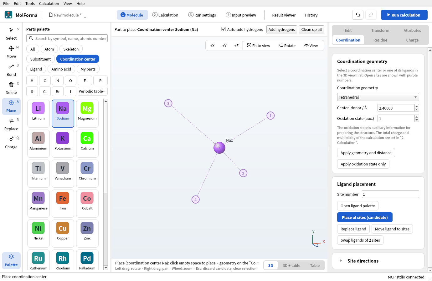 Sodium Na1 placed as a tetrahedral coordination center with purple sites 1–4; the “Coordination” page on the right has tetrahedral geometry, center–donor 2.40 Å and oxidation state 1