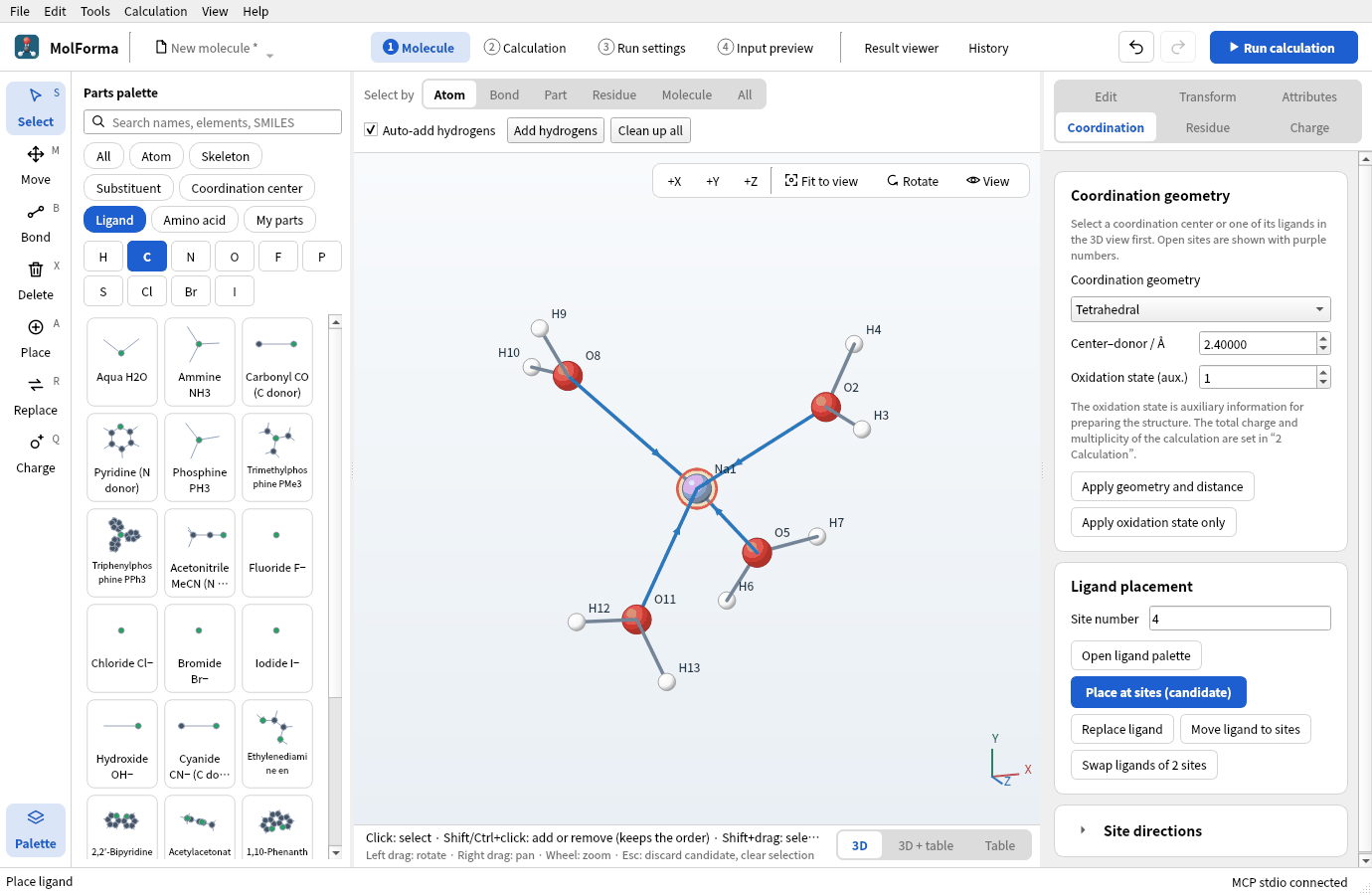 [Na(H₂O)₄]⁺ confirmed with four aqua ligands; dative-bond arrows run from the water oxygens to Na