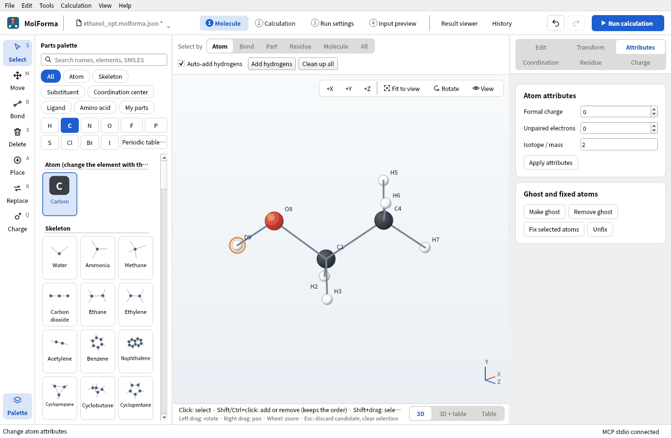 The O–H hydrogen chosen with 2 applied as isotope / mass on the “Attributes” page: its label in the 3D view reads “D9”