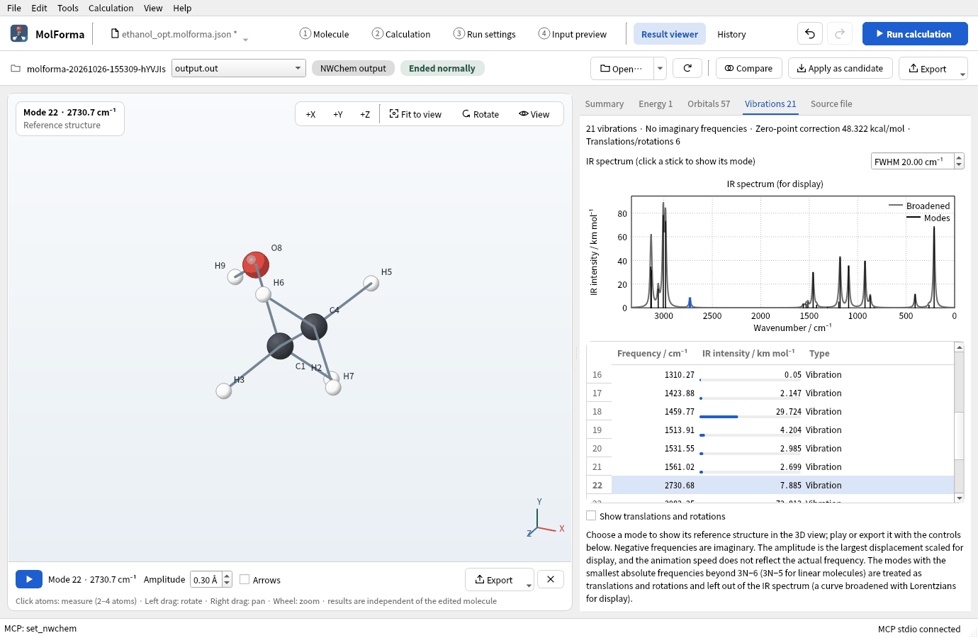 The “Vibrations” tab of ethanol-OD with mode 22 at 2730.68 cm⁻¹ chosen in the table and the O–D stretch animated in the 3D view